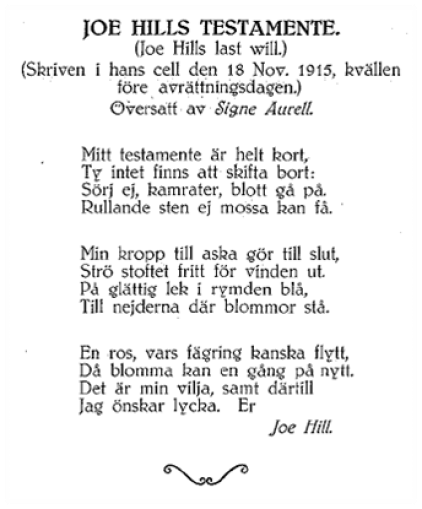 Signe Aurell's translation of "Joe Hill's Last Will." Published in the IWW's "Sånger av Joe Hill"
